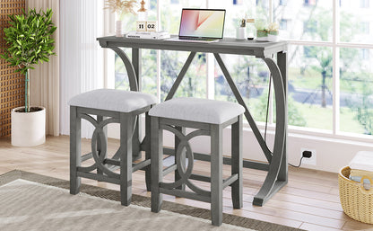TOPMAX Farmhouse 3-Piece Counter Height Dining Table Set with USB Port and Upholstered Stools,Gray image 3