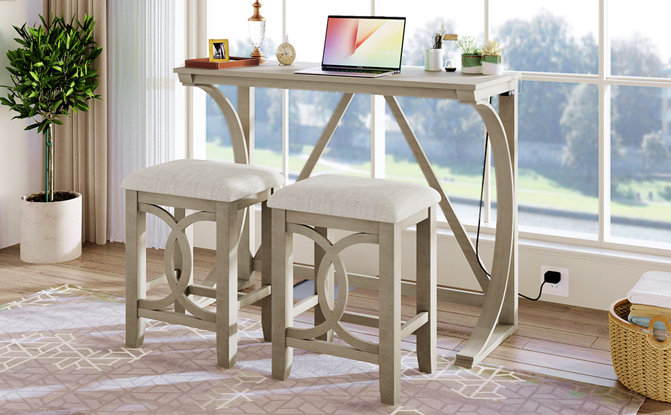 TOPMAX Farmhouse 3-Piece Counter Height Dining Table Set with USB Port and Upholstered Stools,Milky White image 2