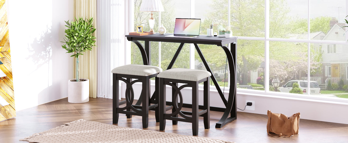 TOPMAX Farmhouse 3-Piece Counter Height Dining Table Set with USB Port and Upholstered Stools,Espresso image 2
