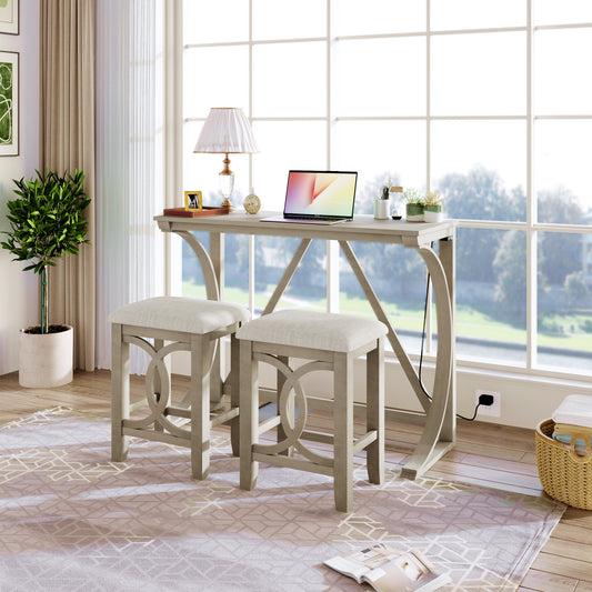 TOPMAX Farmhouse 3-Piece Counter Height Dining Table Set with USB Port and Upholstered Stools,Milky White image 1