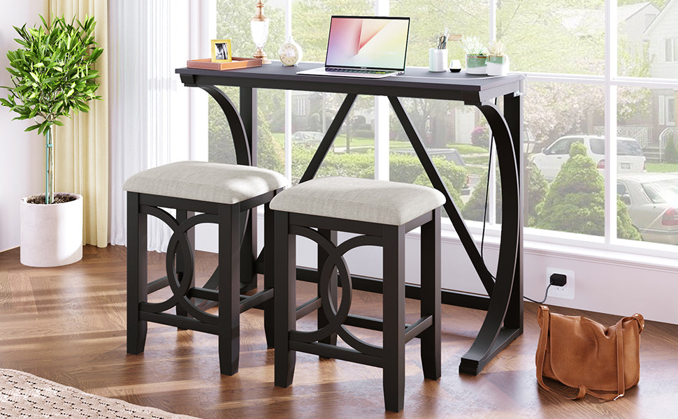 TOPMAX Farmhouse 3-Piece Counter Height Dining Table Set with USB Port and Upholstered Stools,Espresso image 3