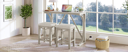 TOPMAX Farmhouse 3-Piece Counter Height Dining Table Set with USB Port and Upholstered Stools,Milky White image 3