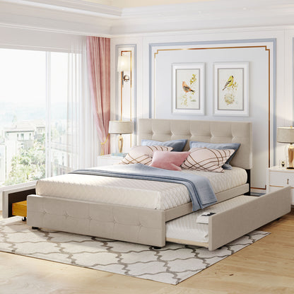 Upholstered Platform Bed with 2 Drawers and 1 Twin XL Trundle, Linen Fabric, Queen Size - Dark Beige(OLD SKU:LP100314AAA) image 1