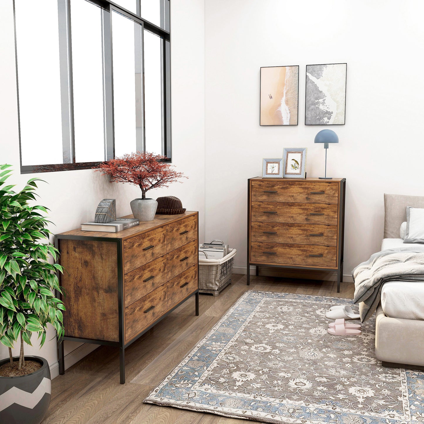 Industrial Style 6 Drawer Double Dresser,Rustic Brown Wood Storage Dresser Clothes Organizer with Sturdy Steel Frame, Chest with 6 Drawer, Storage Cabinet for Bedroom, Living Room image 2