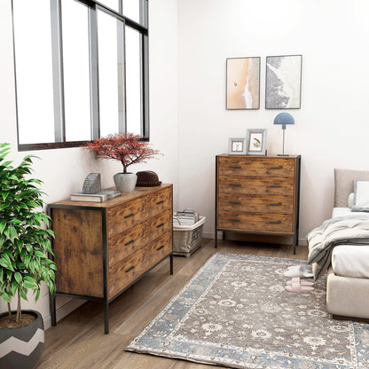 Industrial Style 6 Drawer Double Dresser,Rustic Brown Wood Storage Dresser Clothes Organizer with Sturdy Steel Frame, Chest with 6 Drawer, Storage Cabinet for Bedroom, Living Room image 2