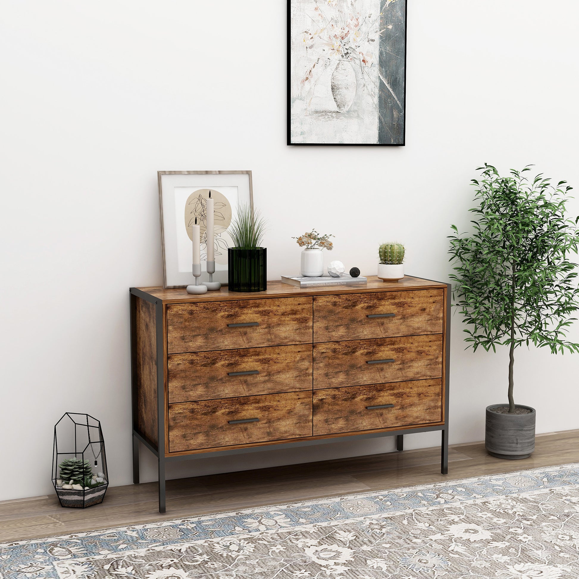 Industrial Style 6 Drawer Double Dresser,Rustic Brown Wood Storage Dresser Clothes Organizer with Sturdy Steel Frame, Chest with 6 Drawer, Storage Cabinet for Bedroom, Living Room image 1