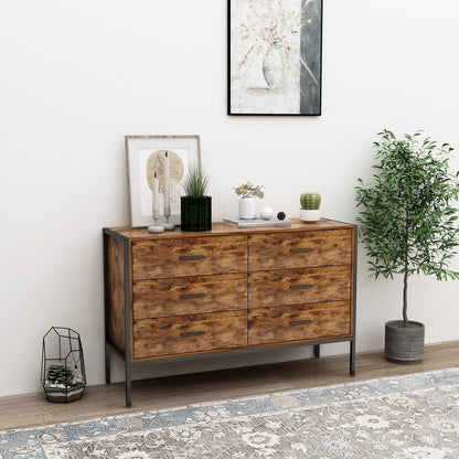 Industrial Style 6 Drawer Double Dresser,Rustic Brown Wood Storage Dresser Clothes Organizer with Sturdy Steel Frame, Chest with 6 Drawer, Storage Cabinet for Bedroom, Living Room image 1