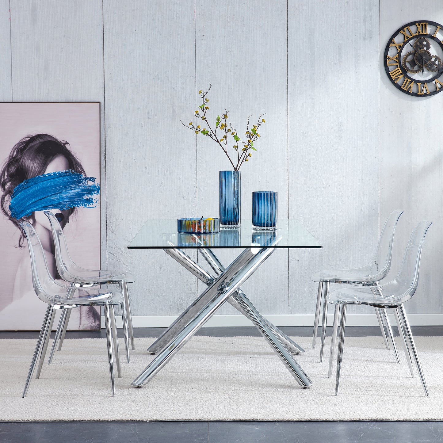 Modern simple transparent dining chair plastic chair armless crystal chair Nordic creative makeup stool negotiation chair Set of 4 and plating metal legW115164140,TW-1200 image 6