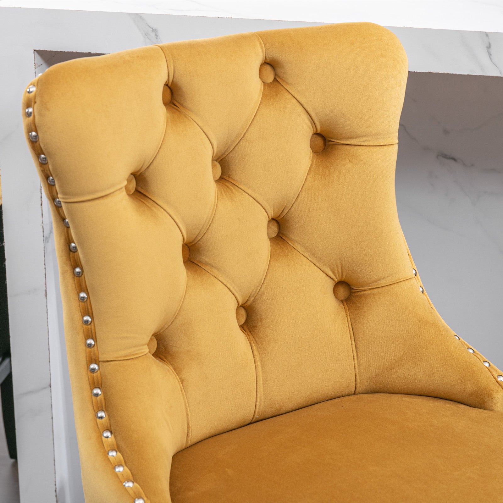 Contemporary Velvet Upholstered Barstools with Button Tufted Decoration and Wooden Legs, and Chrome Nailhead Trim, Leisure Style Bar Chairs,Bar stools, Set of 2 (Golden),SW2002GL image 8