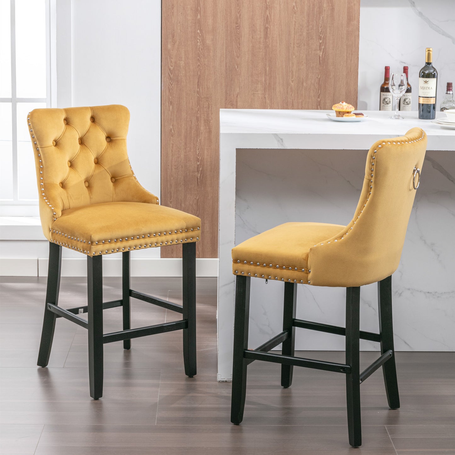 Contemporary Velvet Upholstered Barstools with Button Tufted Decoration and Wooden Legs, and Chrome Nailhead Trim, Leisure Style Bar Chairs,Bar stools, Set of 2 (Golden),SW2002GL image 1