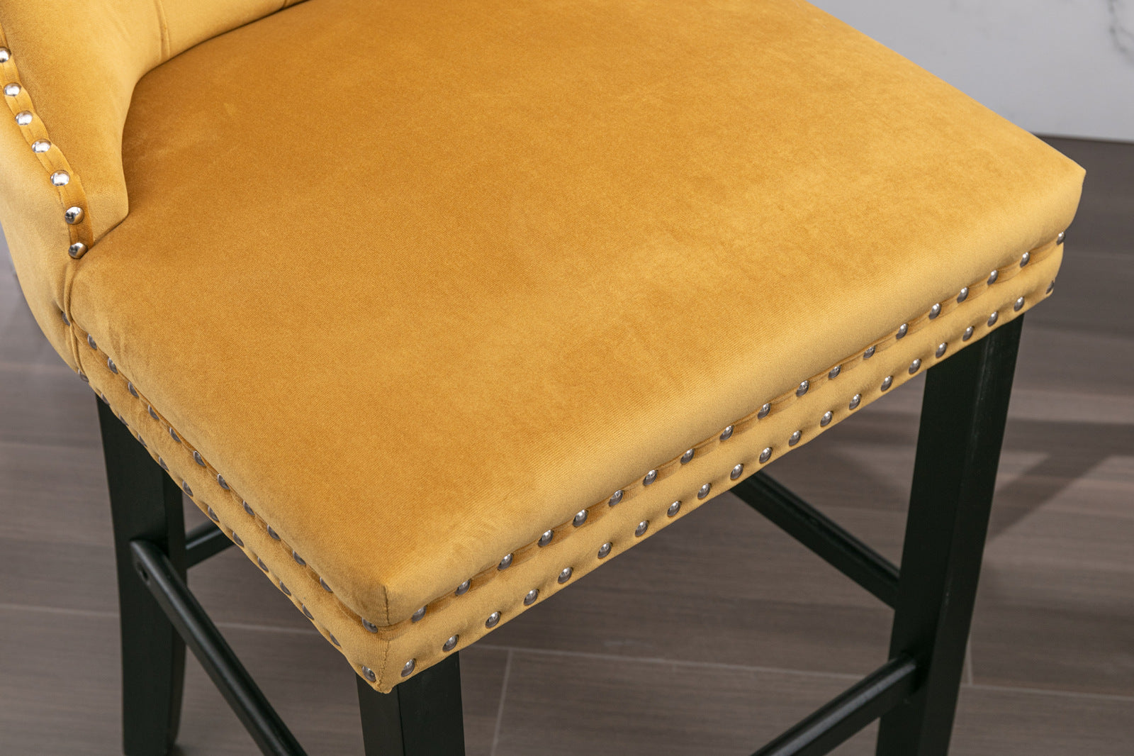 Contemporary Velvet Upholstered Barstools with Button Tufted Decoration and Wooden Legs, and Chrome Nailhead Trim, Leisure Style Bar Chairs,Bar stools, Set of 2 (Golden),SW2002GL image 11