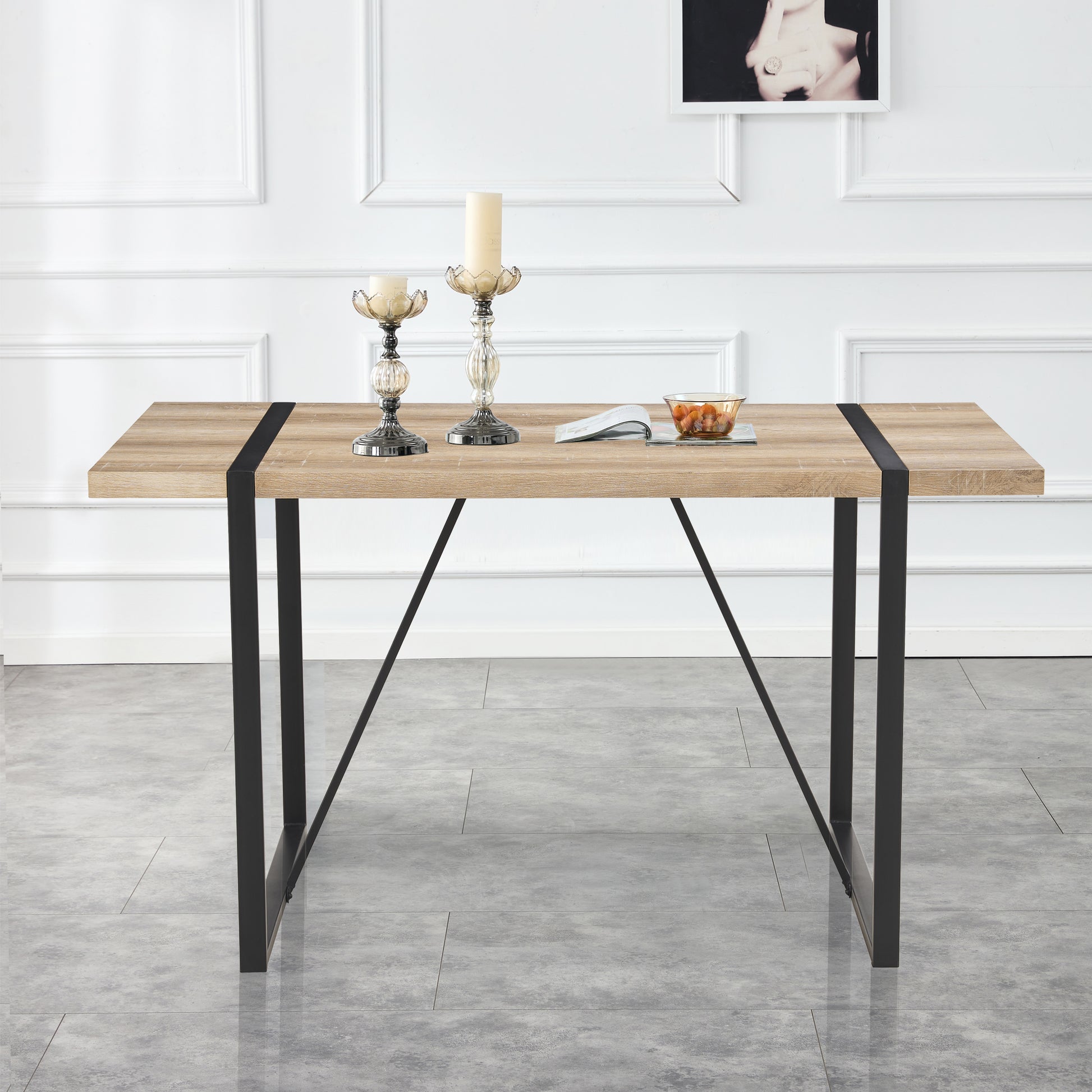 Rustic Industrial Rectangular Wood Dining Table For 4-6 Person, With 1.5" Thick Engineered Wood color Tabletop and Black Metal Legs,Desk For Kitchen Dining Living Room, 55.1" x 31.4"x 29.9"1529W115172 image 6