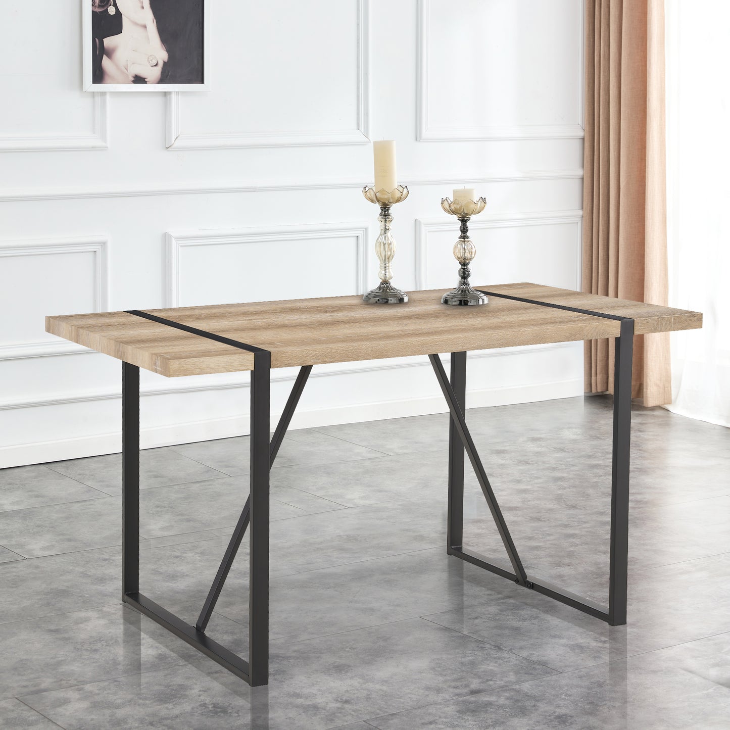 Rustic Industrial Rectangular Wood Dining Table For 4-6 Person, With 1.5" Thick Engineered Wood color Tabletop and Black Metal Legs,Desk For Kitchen Dining Living Room, 55.1" x 31.4"x 29.9"1529W115172 image 2