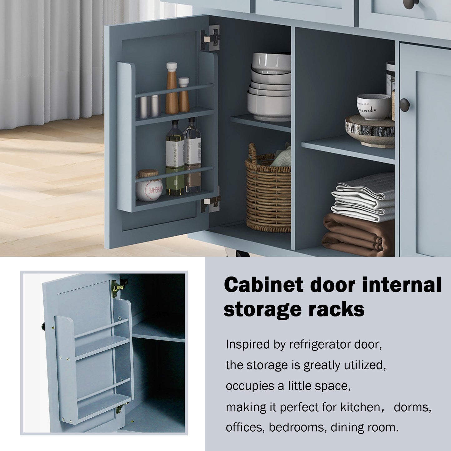 Kitchen Cart with Rubber wood Drop-Leaf Countertop,Cabinet door internal storage racks,Kitchen Island on 5 Wheels with Storage Cabinet and 3 Drawers for Dinning Room, Grey Blue image 9