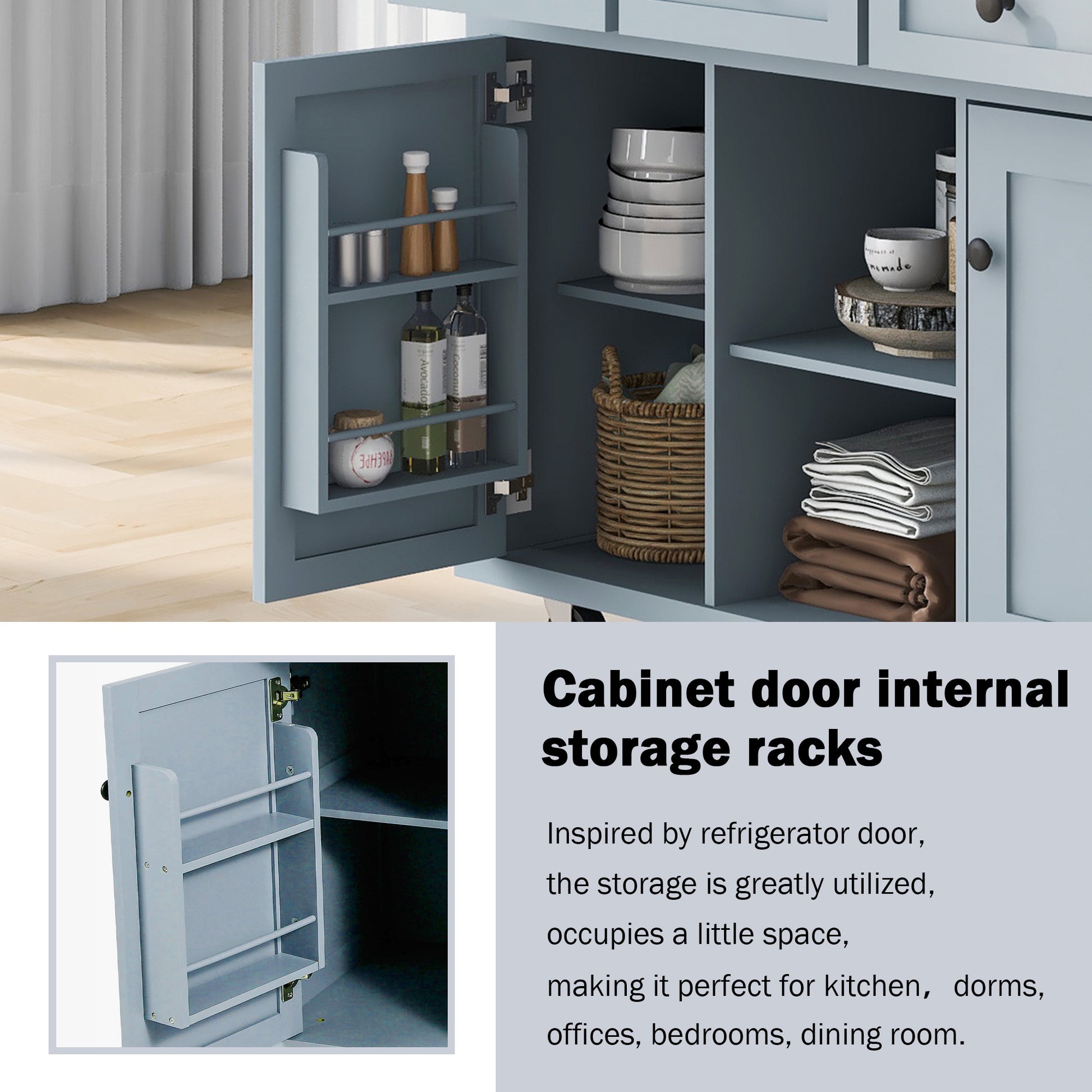 Kitchen Cart with Rubber wood Drop-Leaf Countertop,Cabinet door internal storage racks,Kitchen Island on 5 Wheels with Storage Cabinet and 3 Drawers for Dinning Room, Grey Blue image 9