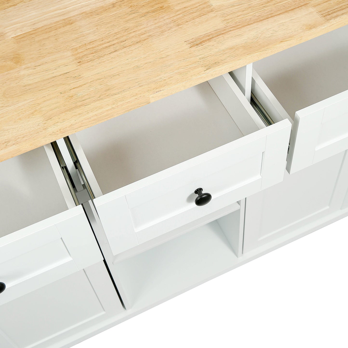 Kitchen Cart with Rubber wood Drop-Leaf Countertop,Cabinet door internal storage racks,Kitchen Island on 5 Wheels with Storage Cabinet and 3 Drawers for Dinning Room,White image 2
