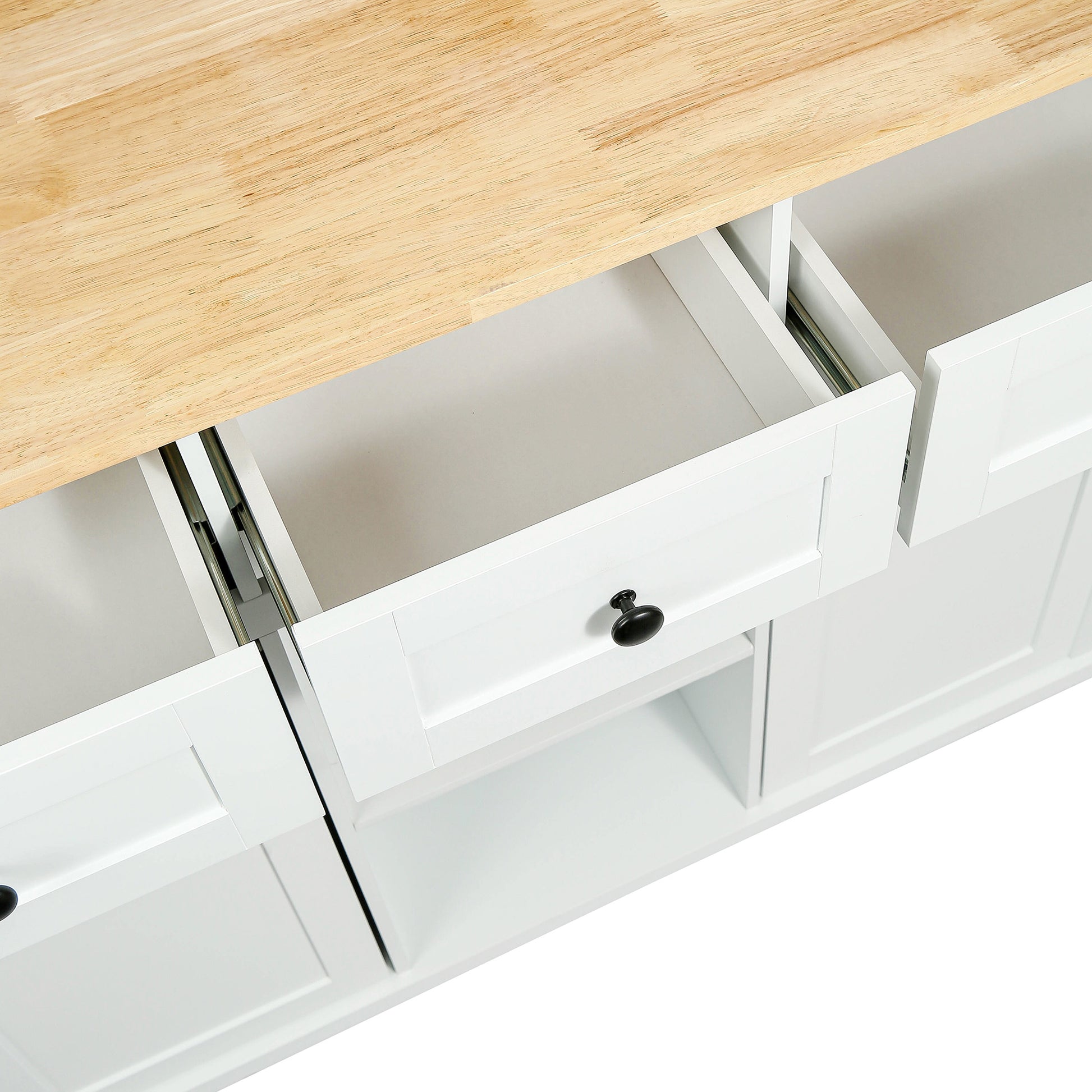 Kitchen Cart with Rubber wood Drop-Leaf Countertop,Cabinet door internal storage racks,Kitchen Island on 5 Wheels with Storage Cabinet and 3 Drawers for Dinning Room,White image 2