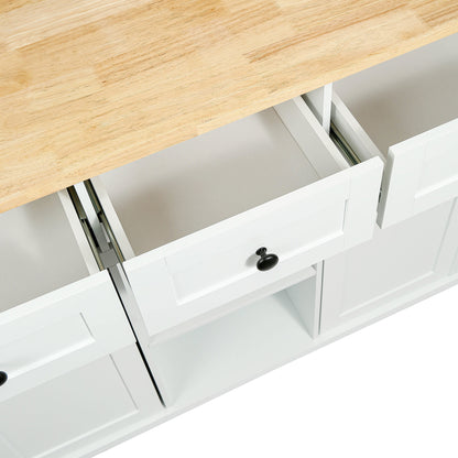 Kitchen Cart with Rubber wood Drop-Leaf Countertop,Cabinet door internal storage racks,Kitchen Island on 5 Wheels with Storage Cabinet and 3 Drawers for Dinning Room,White image 2