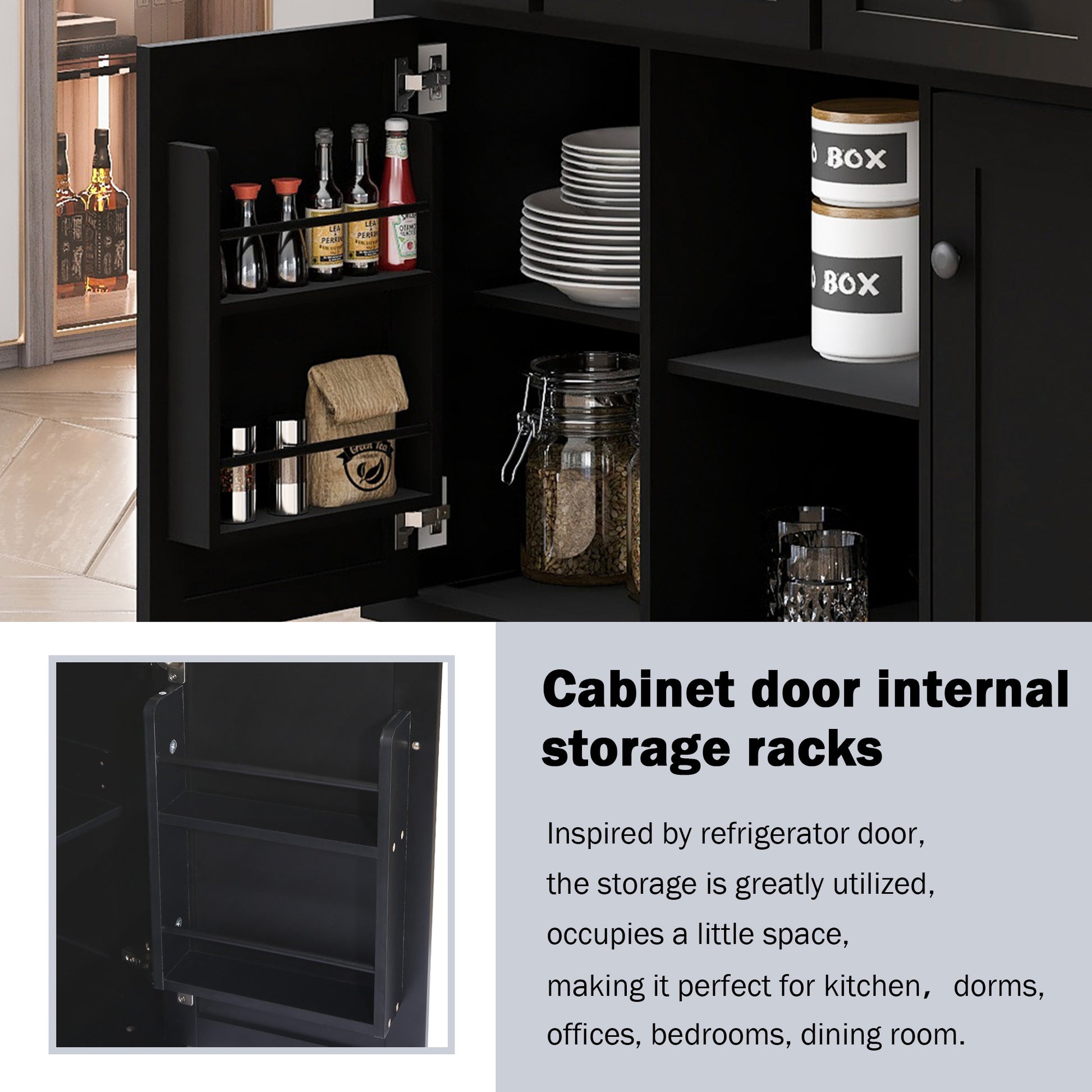 Kitchen Cart with Rubber wood Drop-Leaf Countertop,Cabinet door internal storage racks,Kitchen Island on 5 Wheels with Storage Cabinet and 3 Drawers for Dinning Room, Black image 10