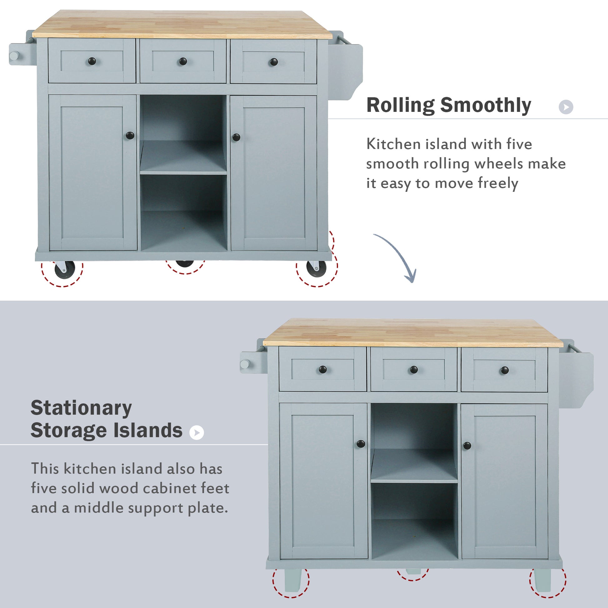 Kitchen Cart with Rubber wood Drop-Leaf Countertop,Cabinet door internal storage racks,Kitchen Island on 5 Wheels with Storage Cabinet and 3 Drawers for Dinning Room, Grey Blue image 12