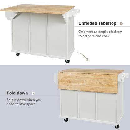 Kitchen Cart with Rubber wood Drop-Leaf Countertop,Cabinet door internal storage racks,Kitchen Island on 5 Wheels with Storage Cabinet and 3 Drawers for Dinning Room,White image 11