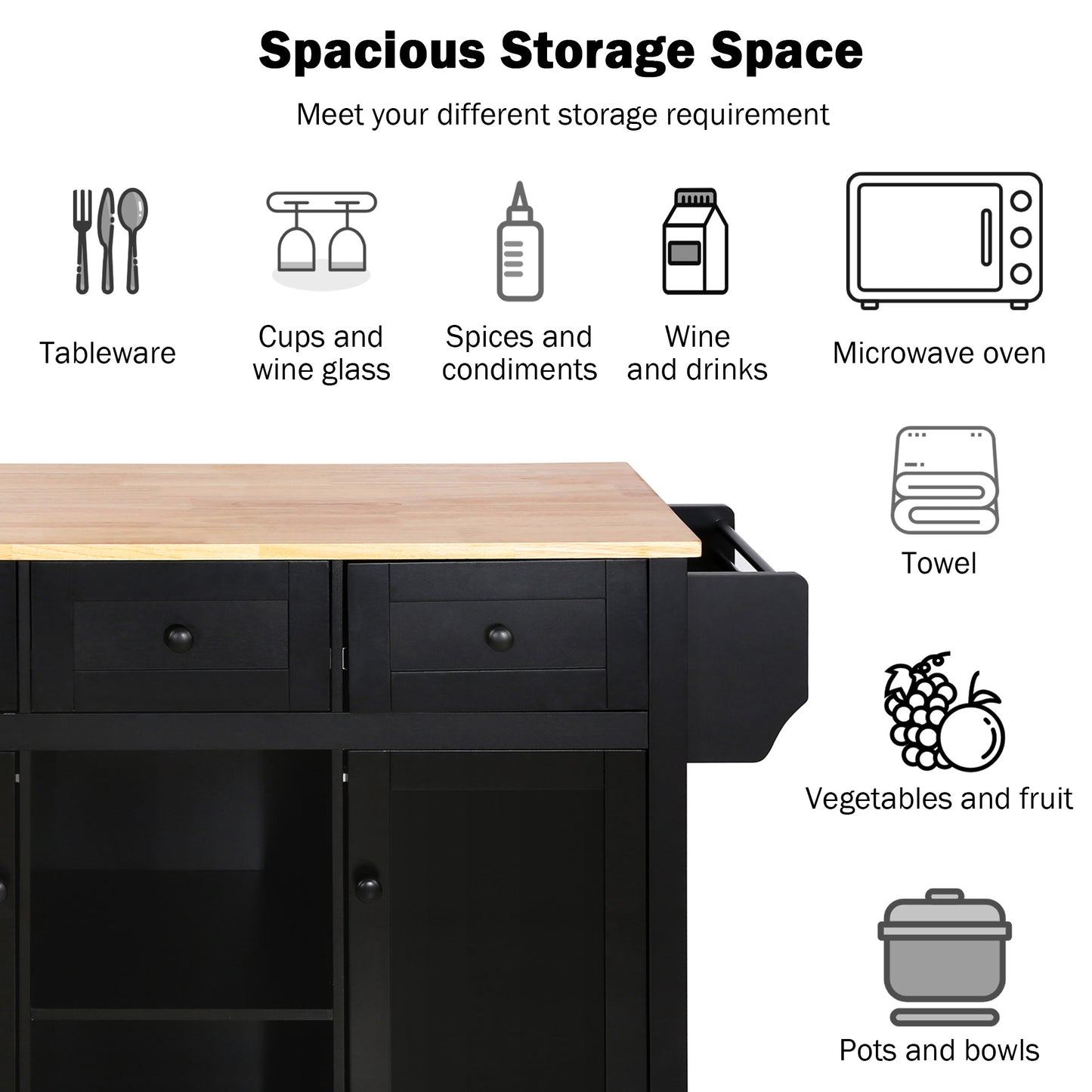 Kitchen Cart with Rubber wood Drop-Leaf Countertop,Cabinet door internal storage racks,Kitchen Island on 5 Wheels with Storage Cabinet and 3 Drawers for Dinning Room, Black image 12