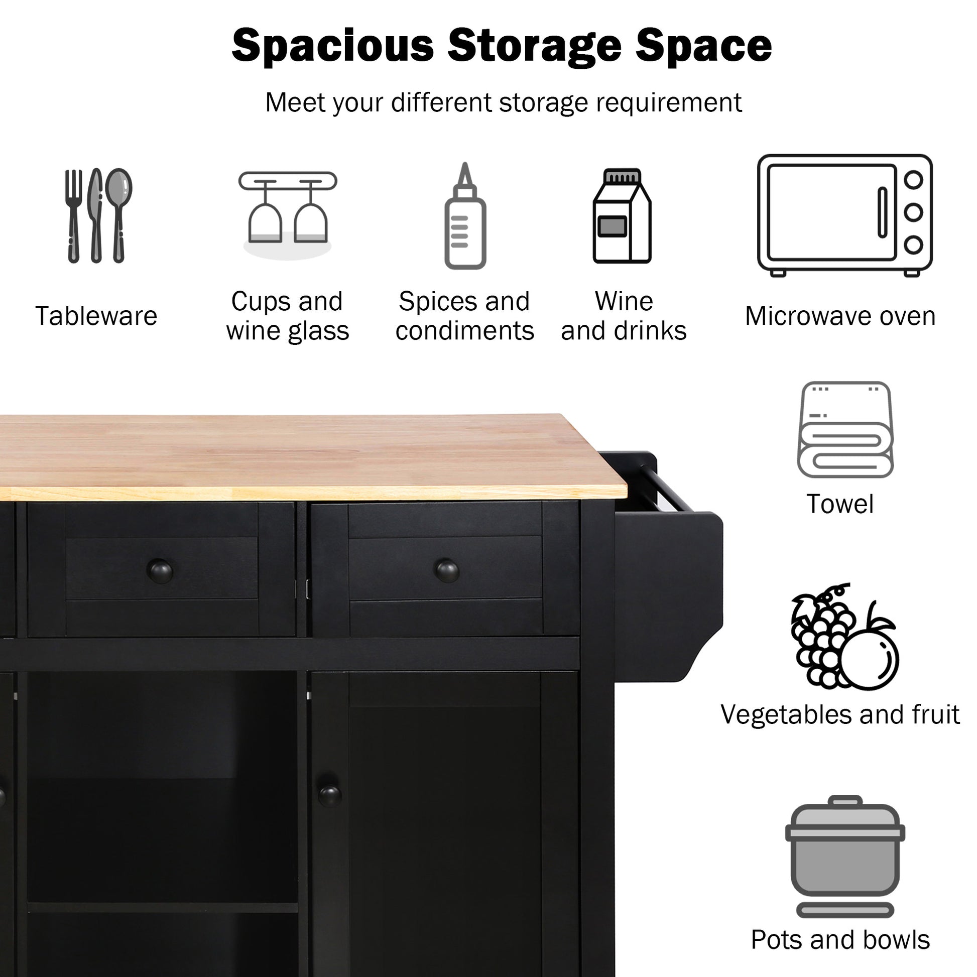 Kitchen Cart with Rubber wood Drop-Leaf Countertop,Cabinet door internal storage racks,Kitchen Island on 5 Wheels with Storage Cabinet and 3 Drawers for Dinning Room, Black image 12