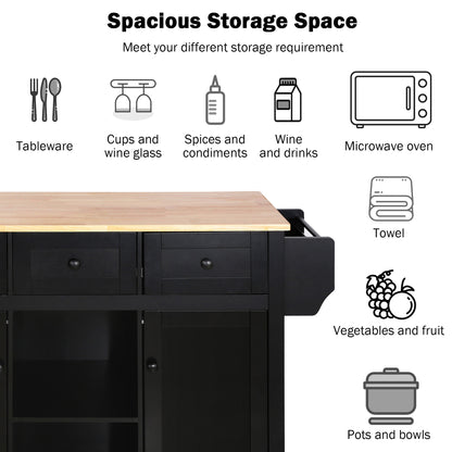 Kitchen Cart with Rubber wood Drop-Leaf Countertop,Cabinet door internal storage racks,Kitchen Island on 5 Wheels with Storage Cabinet and 3 Drawers for Dinning Room, Black image 12