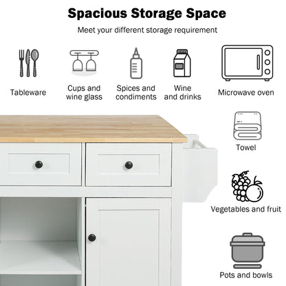 Kitchen Cart with Rubber wood Drop-Leaf Countertop,Cabinet door internal storage racks,Kitchen Island on 5 Wheels with Storage Cabinet and 3 Drawers for Dinning Room,White image 12