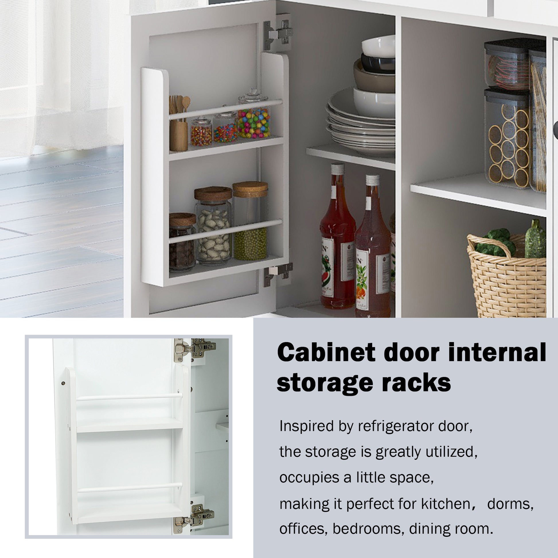 Kitchen Cart with Rubber wood Drop-Leaf Countertop,Cabinet door internal storage racks,Kitchen Island on 5 Wheels with Storage Cabinet and 3 Drawers for Dinning Room,White image 10