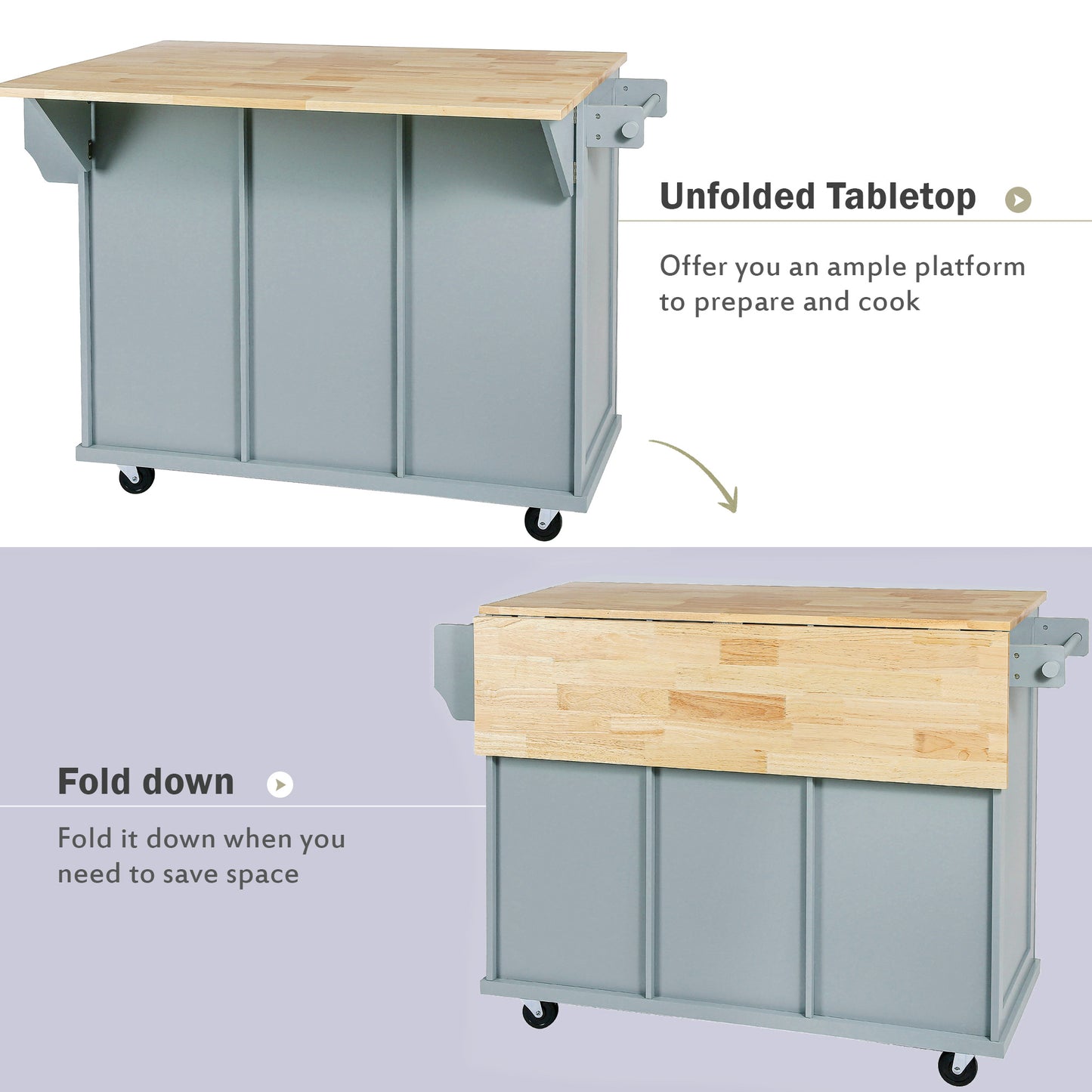 Kitchen Cart with Rubber wood Drop-Leaf Countertop,Cabinet door internal storage racks,Kitchen Island on 5 Wheels with Storage Cabinet and 3 Drawers for Dinning Room, Grey Blue image 10