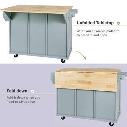 Kitchen Cart with Rubber wood Drop-Leaf Countertop,Cabinet door internal storage racks,Kitchen Island on 5 Wheels with Storage Cabinet and 3 Drawers for Dinning Room, Grey Blue image 10