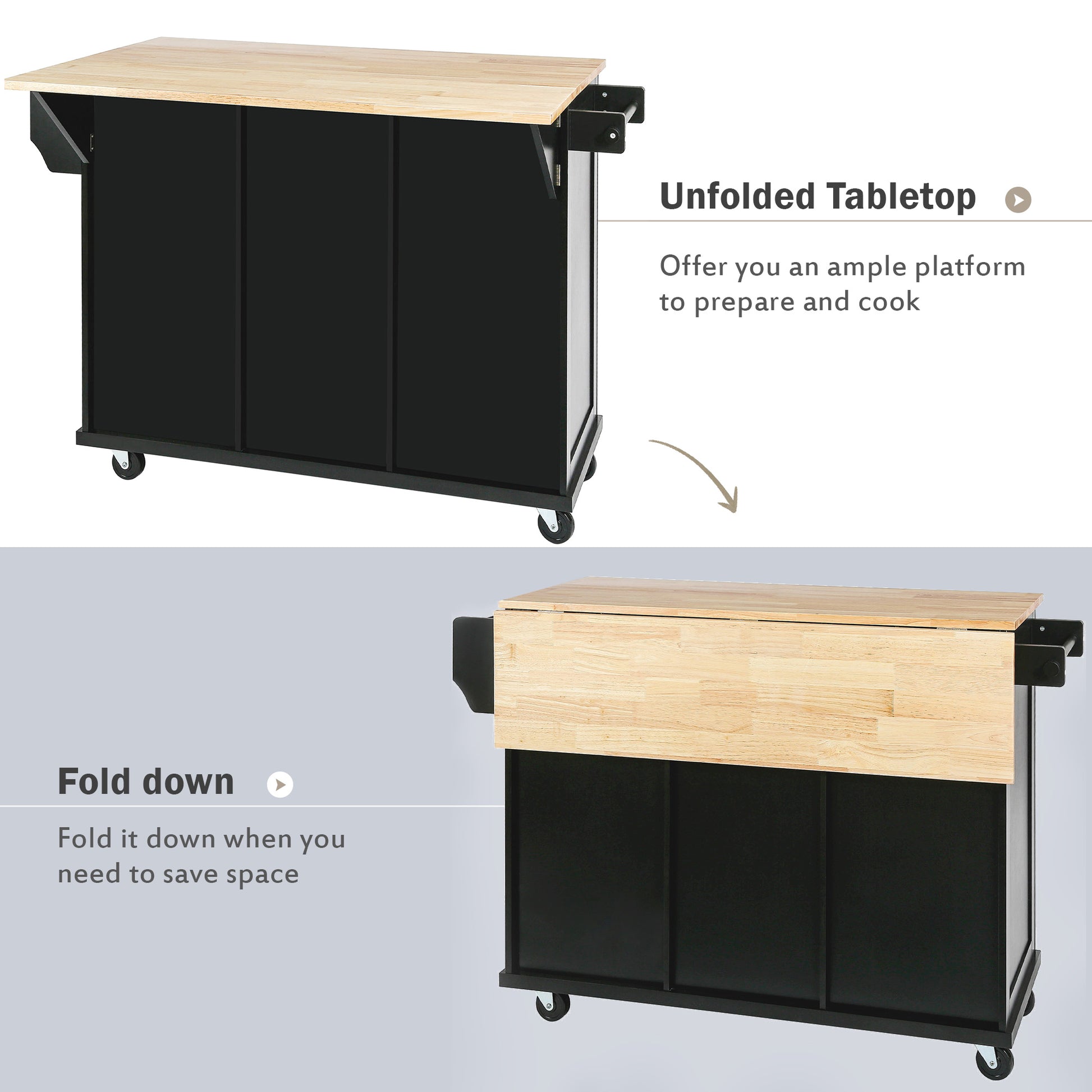 Kitchen Cart with Rubber wood Drop-Leaf Countertop,Cabinet door internal storage racks,Kitchen Island on 5 Wheels with Storage Cabinet and 3 Drawers for Dinning Room, Black image 11