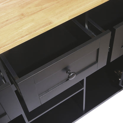 Kitchen Cart with Rubber wood Drop-Leaf Countertop,Cabinet door internal storage racks,Kitchen Island on 5 Wheels with Storage Cabinet and 3 Drawers for Dinning Room, Black image 3