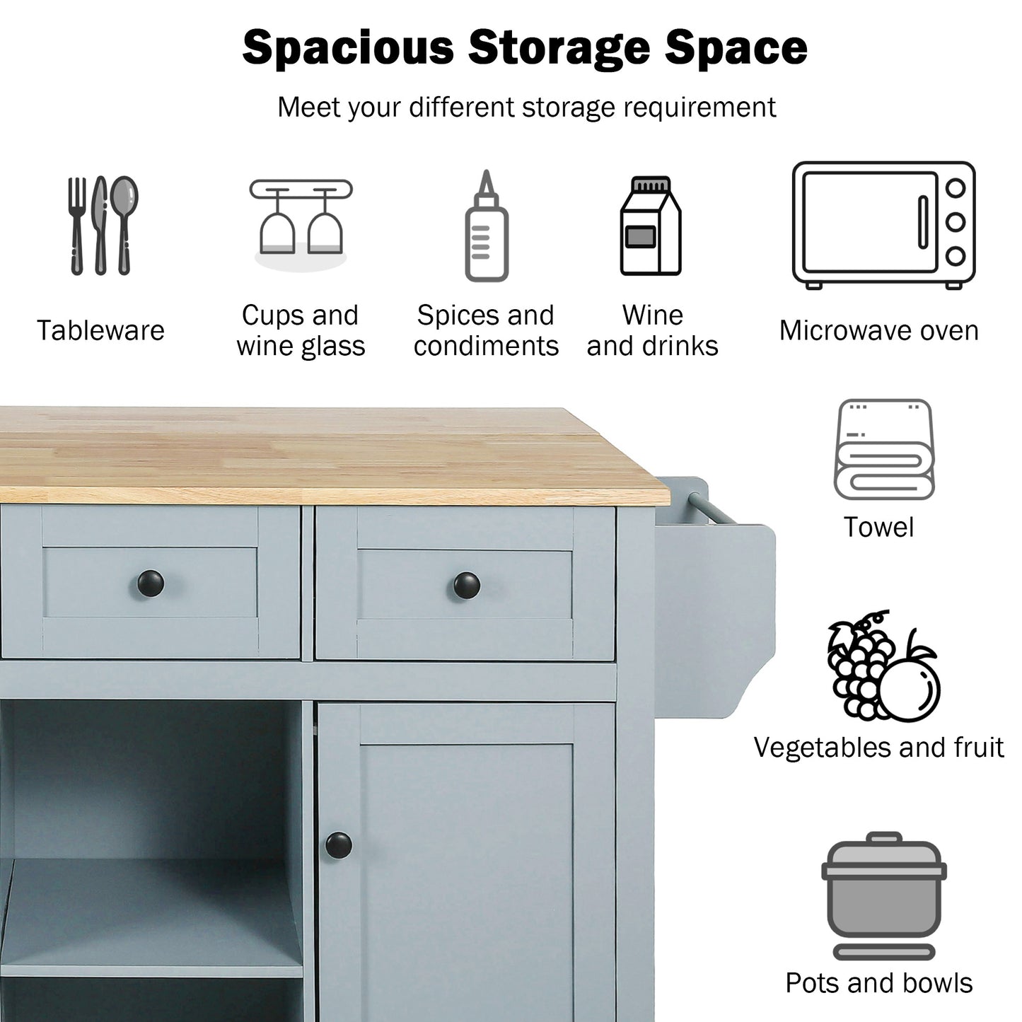 Kitchen Cart with Rubber wood Drop-Leaf Countertop,Cabinet door internal storage racks,Kitchen Island on 5 Wheels with Storage Cabinet and 3 Drawers for Dinning Room, Grey Blue image 11