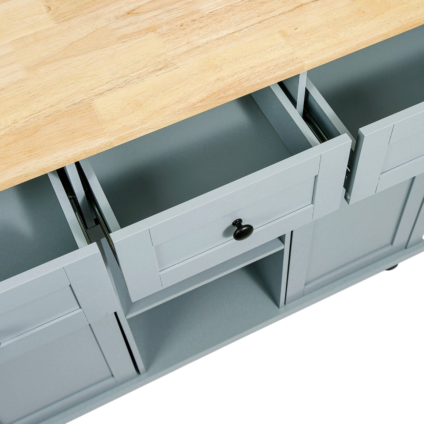 Kitchen Cart with Rubber wood Drop-Leaf Countertop,Cabinet door internal storage racks,Kitchen Island on 5 Wheels with Storage Cabinet and 3 Drawers for Dinning Room, Grey Blue image 6