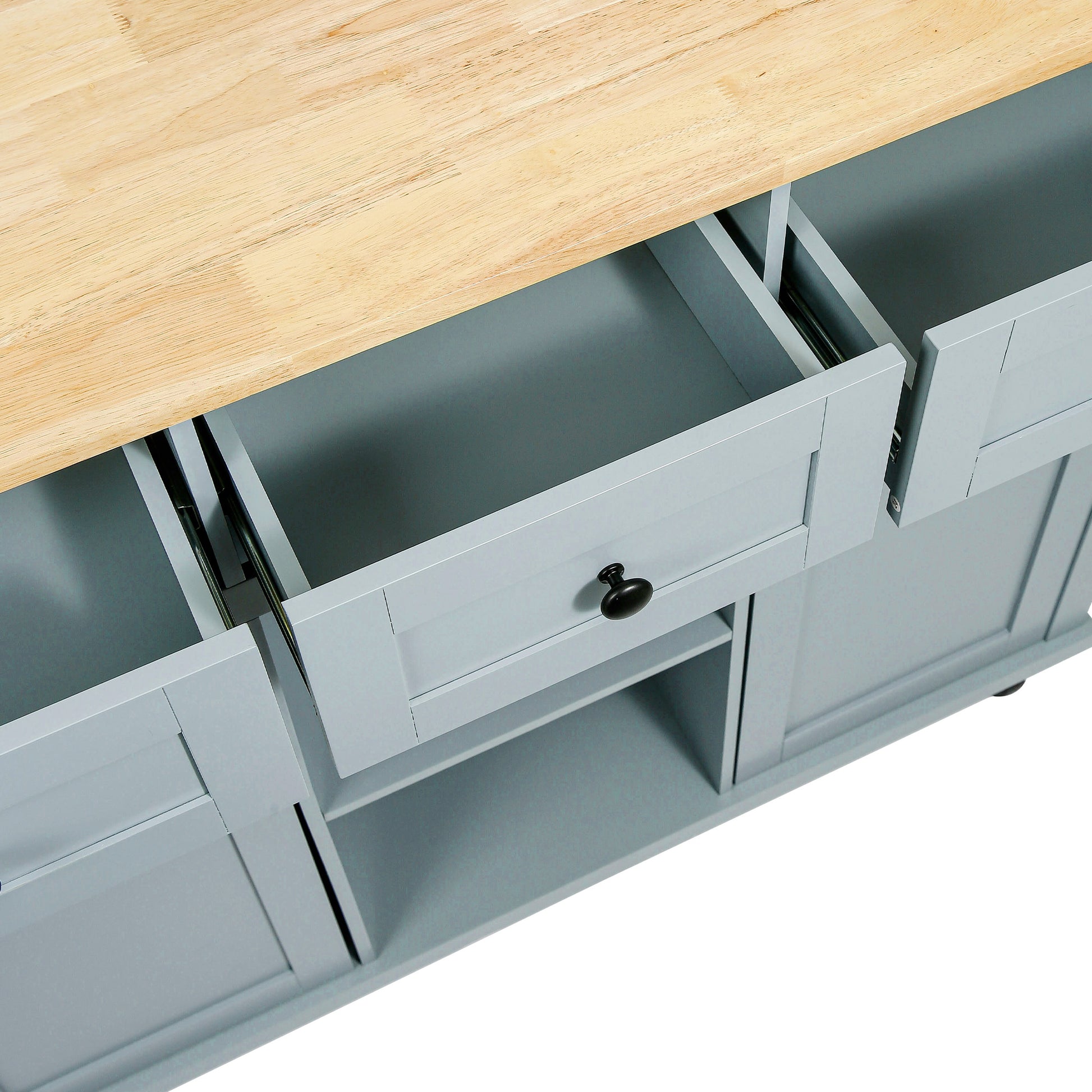 Kitchen Cart with Rubber wood Drop-Leaf Countertop,Cabinet door internal storage racks,Kitchen Island on 5 Wheels with Storage Cabinet and 3 Drawers for Dinning Room, Grey Blue image 6