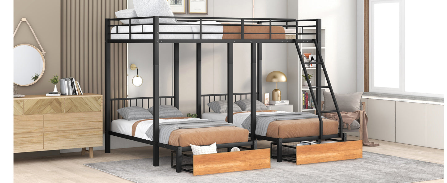 Full Over Twin & Twin Bunk Bed, Metal Triple Bunk Bed with Drawers and Guardrails, Black(old sku:LT000222AAB) image 4