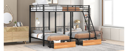 Full Over Twin & Twin Bunk Bed, Metal Triple Bunk Bed with Drawers and Guardrails, Black(old sku:LT000222AAB) image 4