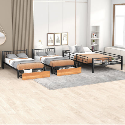 Full Over Twin & Twin Bunk Bed, Metal Triple Bunk Bed with Drawers and Guardrails, Black(old sku:LT000222AAB) image 3