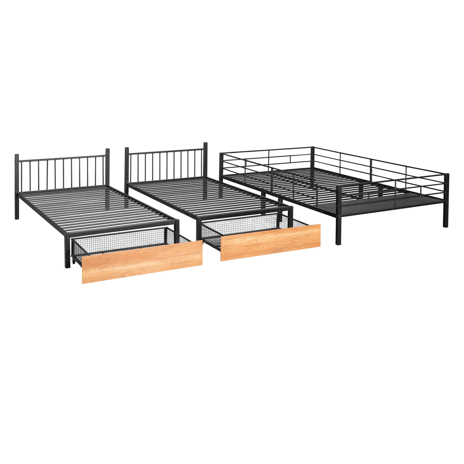 Full Over Twin & Twin Bunk Bed, Metal Triple Bunk Bed with Drawers and Guardrails, Black(old sku:LT000222AAB) image 11