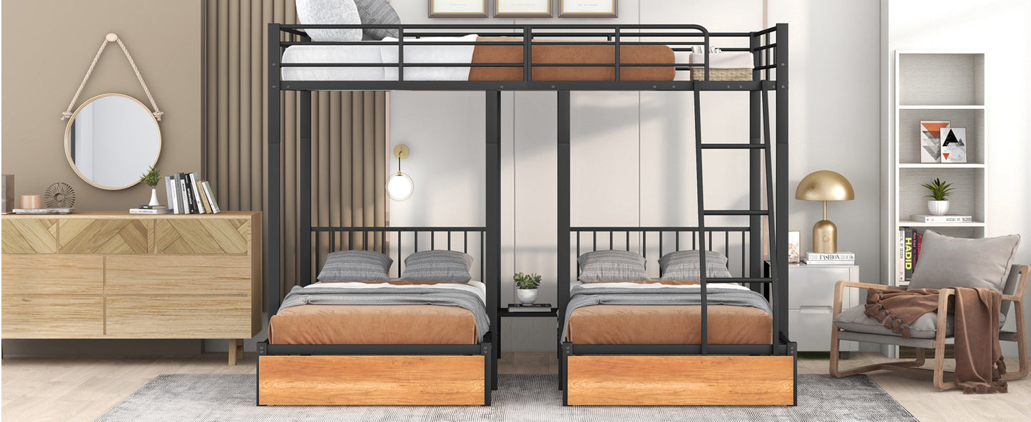 Full Over Twin & Twin Bunk Bed, Metal Triple Bunk Bed with Drawers and Guardrails, Black(old sku:LT000222AAB) image 5