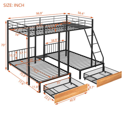 Full Over Twin & Twin Bunk Bed, Metal Triple Bunk Bed with Drawers and Guardrails, Black(old sku:LT000222AAB) image 12