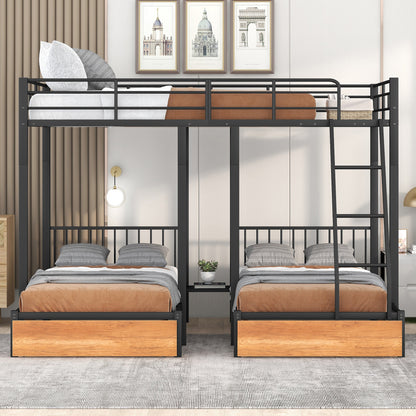 Full Over Twin & Twin Bunk Bed, Metal Triple Bunk Bed with Drawers and Guardrails, Black(old sku:LT000222AAB) image 2