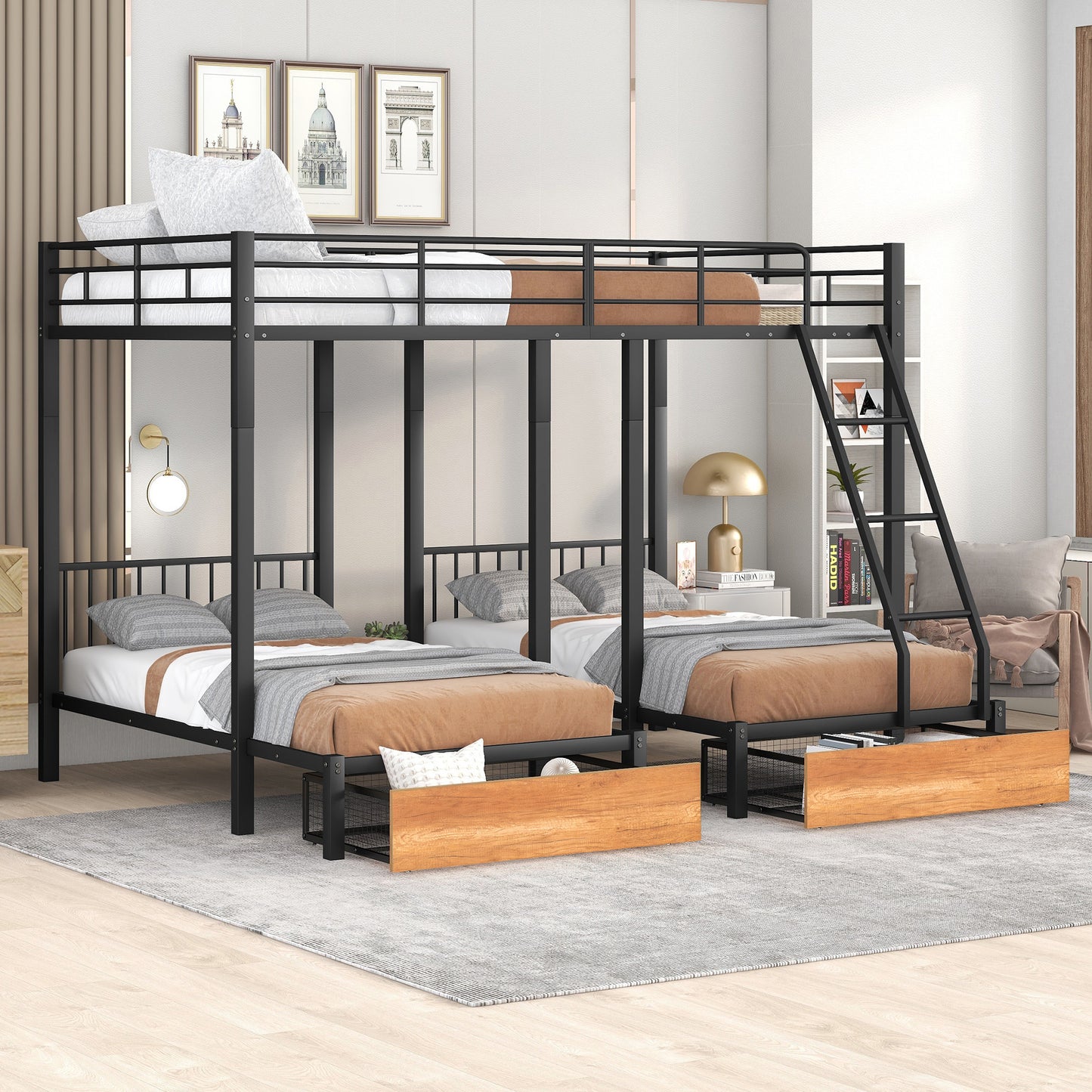 Full Over Twin & Twin Bunk Bed, Metal Triple Bunk Bed with Drawers and Guardrails, Black(old sku:LT000222AAB) image 1