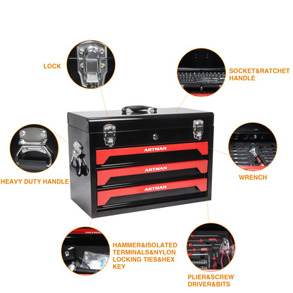 20'' Portable 3-Drawer Steel Toolbox, 4 Layers of Tools with Metal Latches, with Top Storage Tray and carrying Handle, Multi-Function Tool Storage for Garage, Home, or Workbench,Black&Red image 3