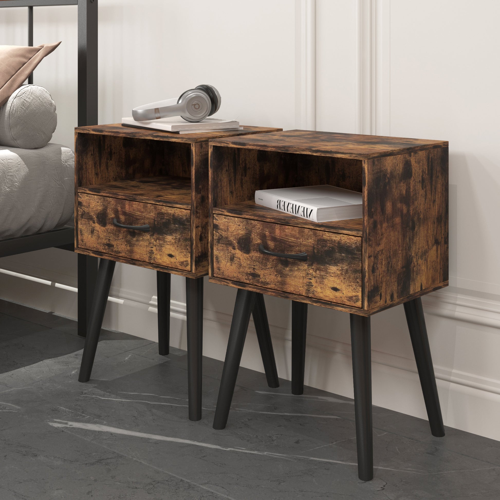 Two Sets of Nightstand,Modern Bedside Table with Storage Drawer and Open Wood Shelf, for Living Room, Bedroom and Small Spaces, Accent Night Stand, Easy Assembly image 1