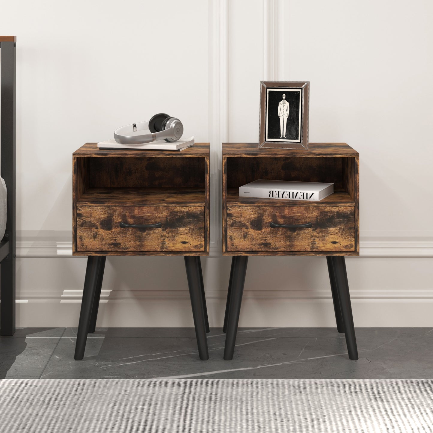 Two Sets of Nightstand,Modern Bedside Table with Storage Drawer and Open Wood Shelf, for Living Room, Bedroom and Small Spaces, Accent Night Stand, Easy Assembly image 2