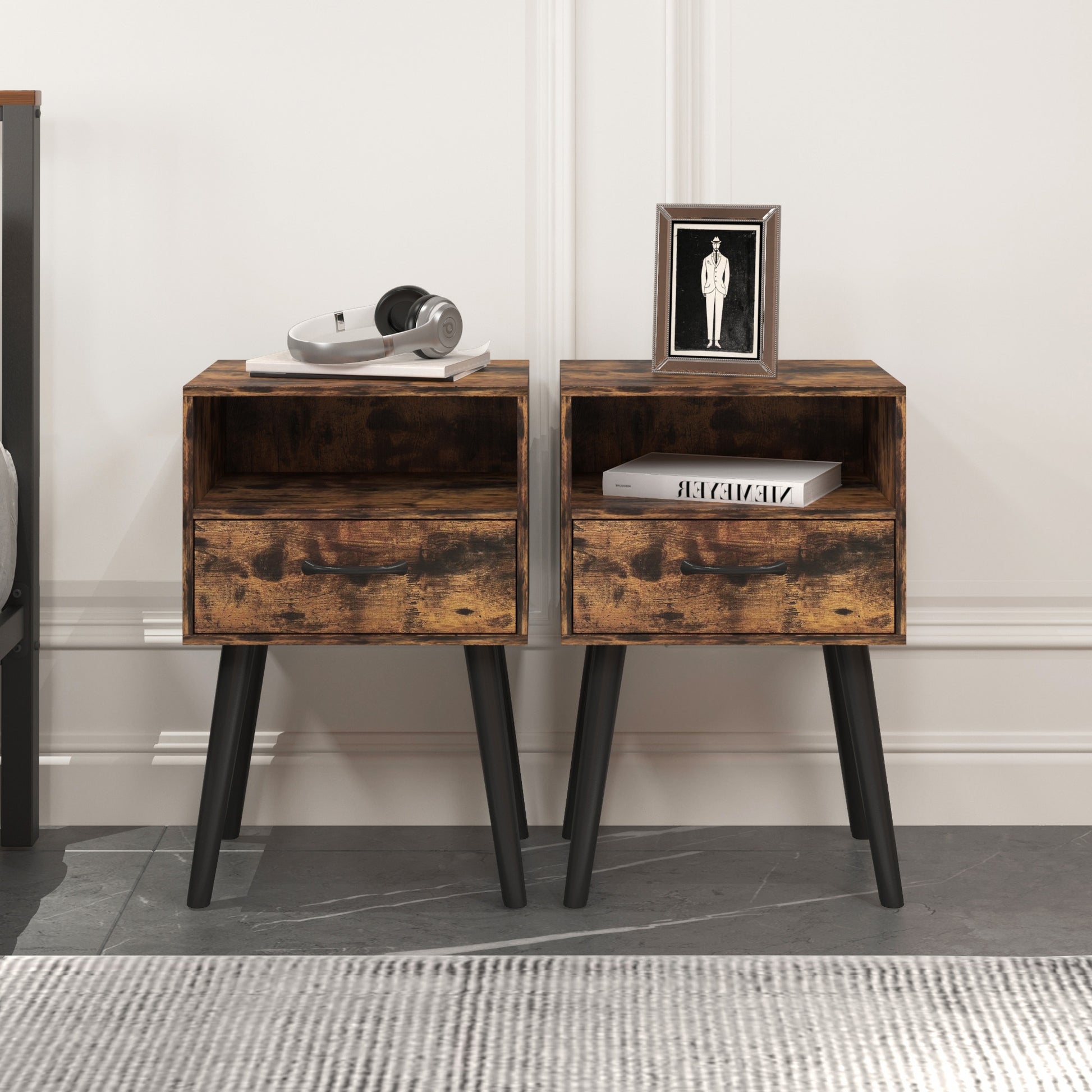 Two Sets of Nightstand,Modern Bedside Table with Storage Drawer and Open Wood Shelf, for Living Room, Bedroom and Small Spaces, Accent Night Stand, Easy Assembly image 2