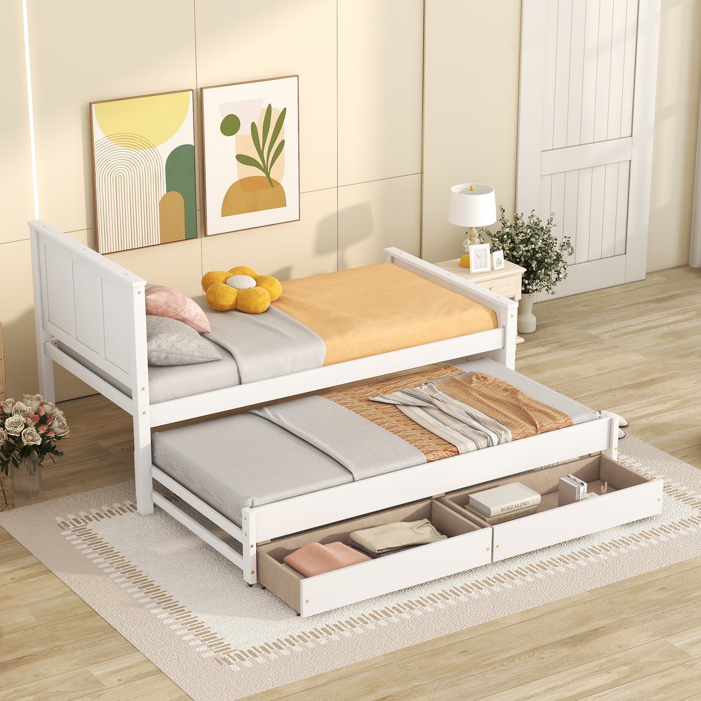 Twin Size Platform Bed with Trundle and Drawers, White(Old Sku:WF298815AAK) image 2